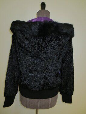 PowWow Vintage Hooded Black Bomber Jacket with Rabbit Fur Trim - S